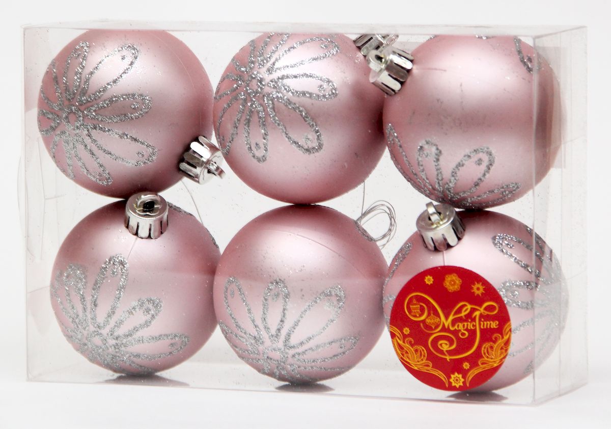 фото Украшение новогоднее подвесное Magic Time "Шар розовый с серебряной ромашкой", диаметр 6 см, 6 шт