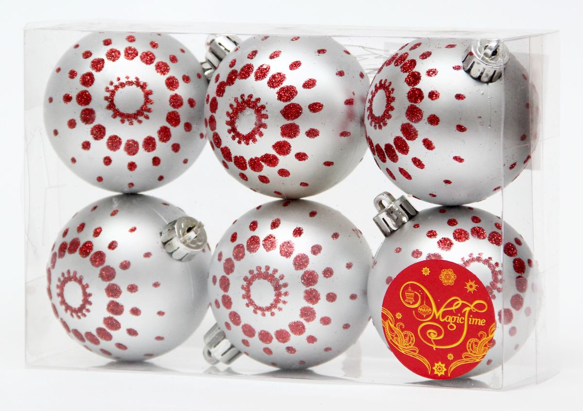 фото Украшение новогоднее подвесное Magic Time "Шар серебряный с красными точками", диаметр 6 см, 6 шт