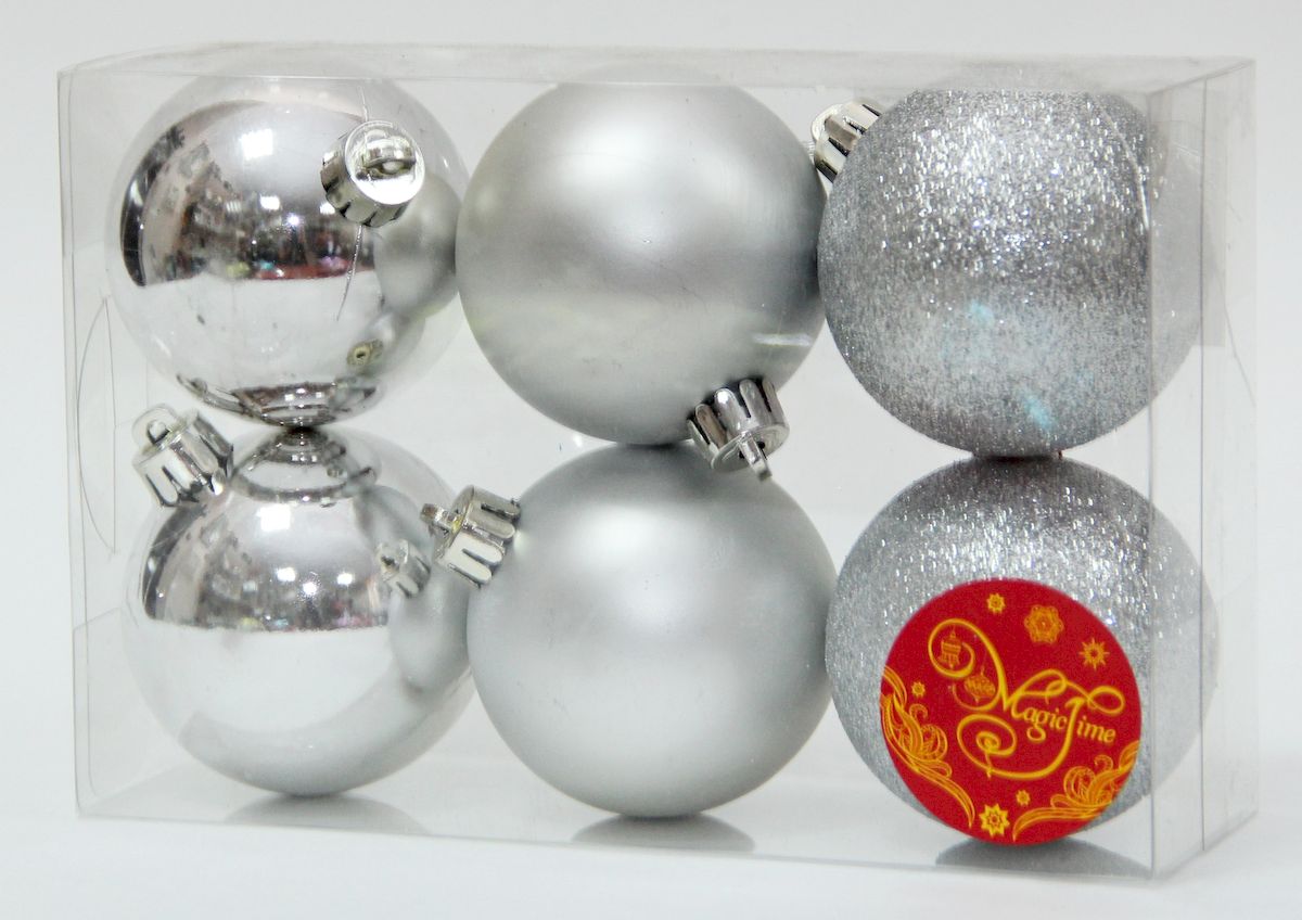 фото Украшение новогоднее подвесное Magic Time "Ассорти шаров серебряный блеск", диаметр 6 см, 6 шт