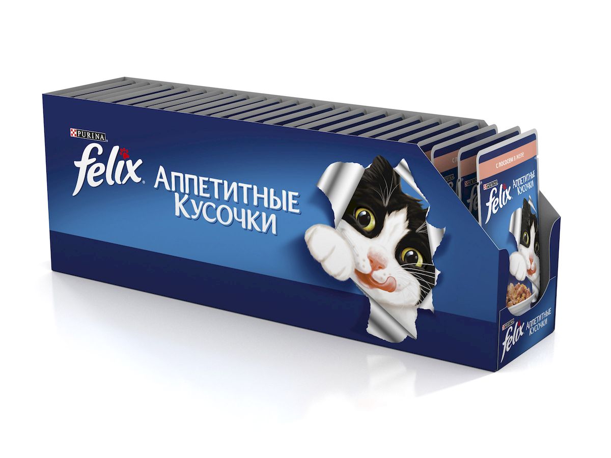 фото Консервы для кошек Felix "Аппетитные кусочки", с лососем в желе, 85 г, 24 шт