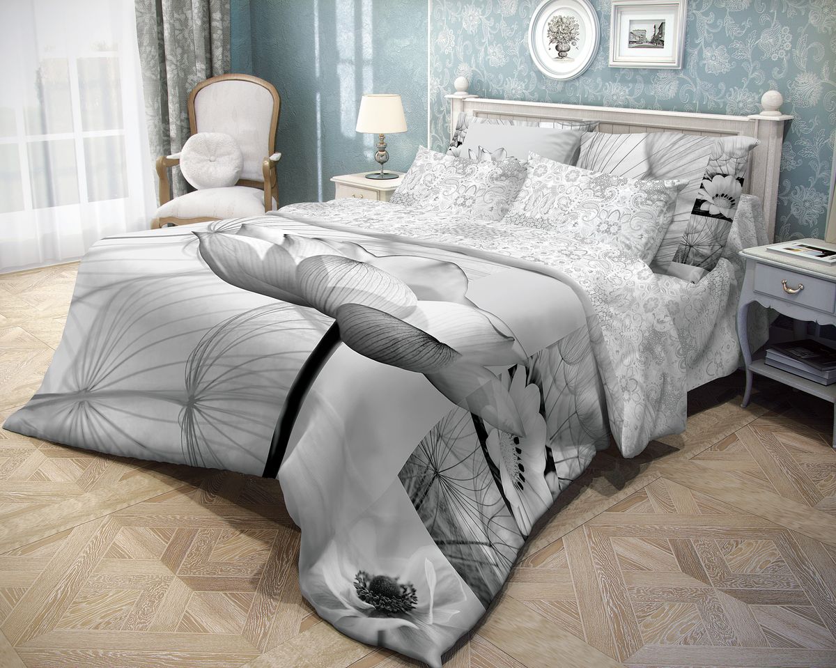 фото Комплект белья Волшебная ночь "Poppy", 2-спальный, наволочки 70x70, цвет: серый