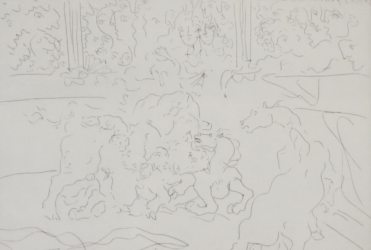 фото Бык и лошади на арене (Taureau et Chevaux dans l?Arene), № 203. Пабло Пикассо. Сюита Воллара. Литография. Испания, 1956 год