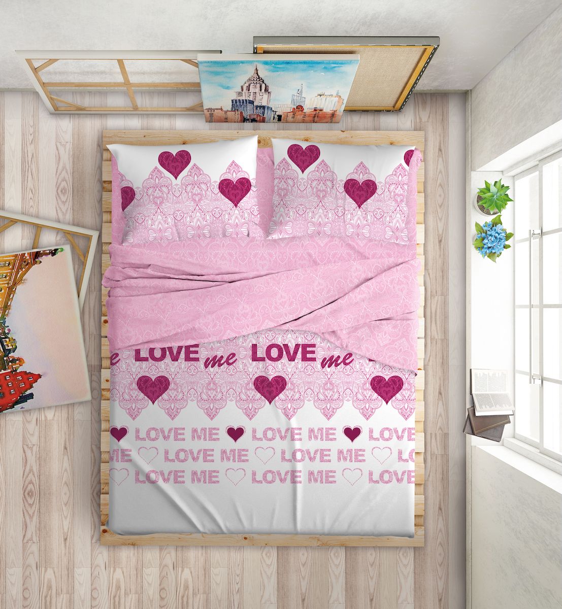 фото Комплект белья "Love Me", 2-спальный, наволочки 50х70, 70х70, цвет: белый, розовый