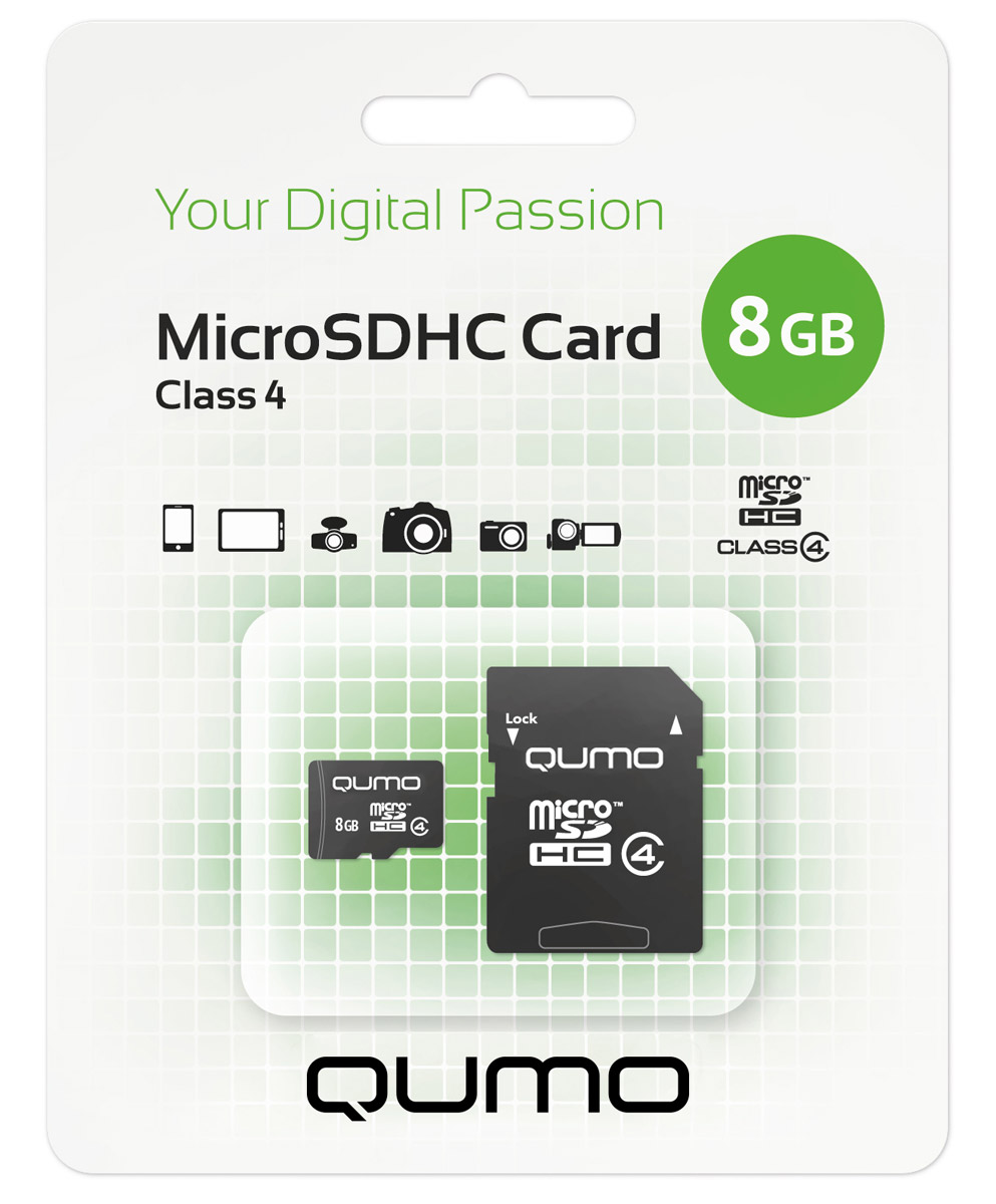 фото QUMO microSDHC Class 4 8GB карта памяти + адаптер