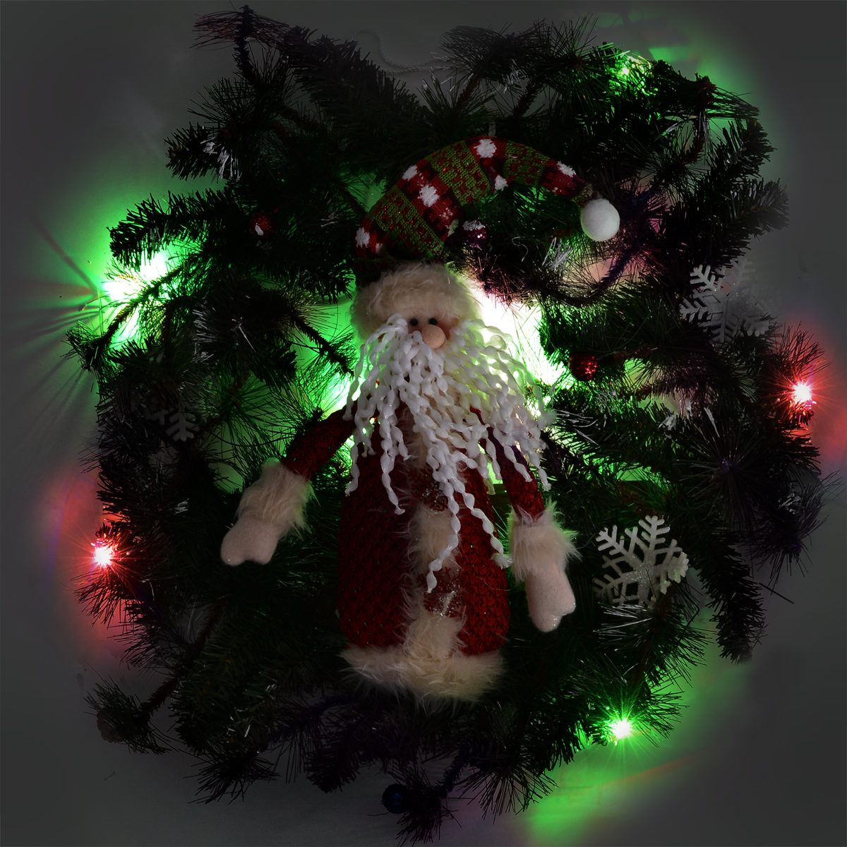 фото Венок новогодний "Рождественский венок", с подсветкой, цвет: зеленый, красный, 56 х 10 х 56 см