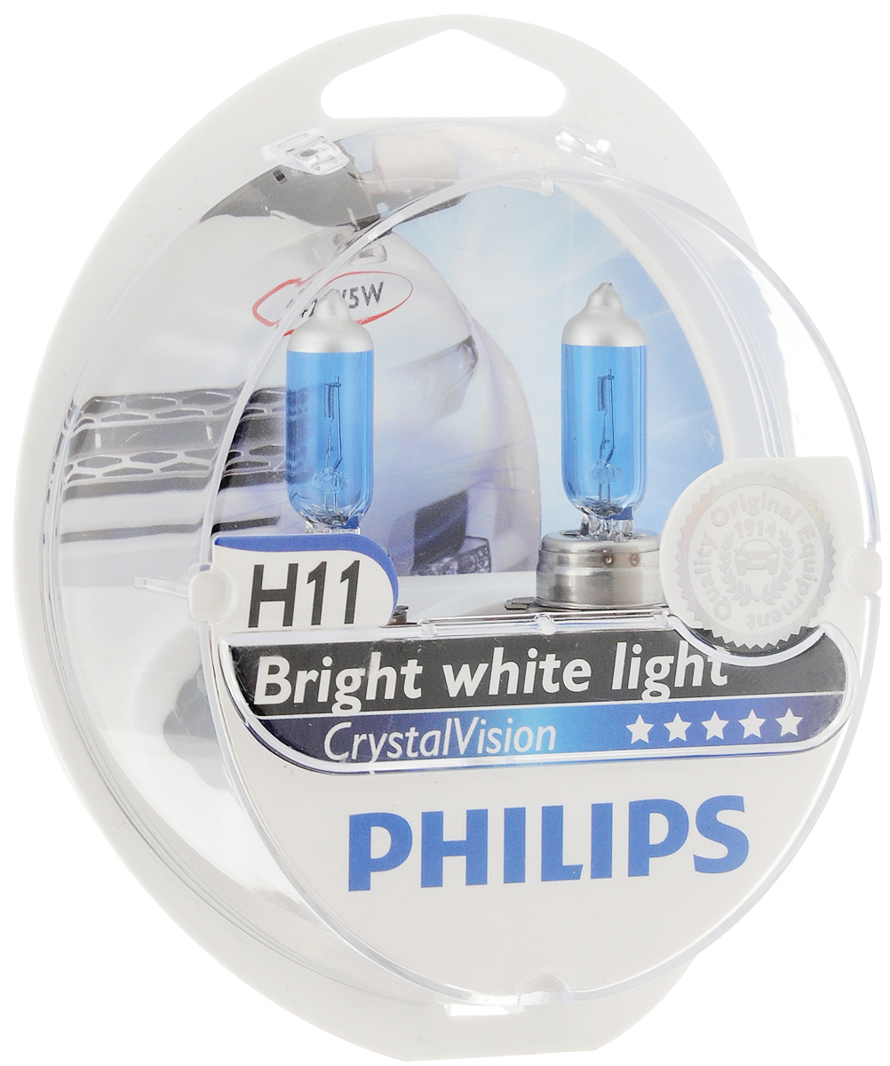 фото Лампа автомобильная галогенная Philips "CrystalVision", для фар, цоколь H11 (PGJ19-2), 12V, 55W + цоколь W5W, 12V, 5W, 2 шт