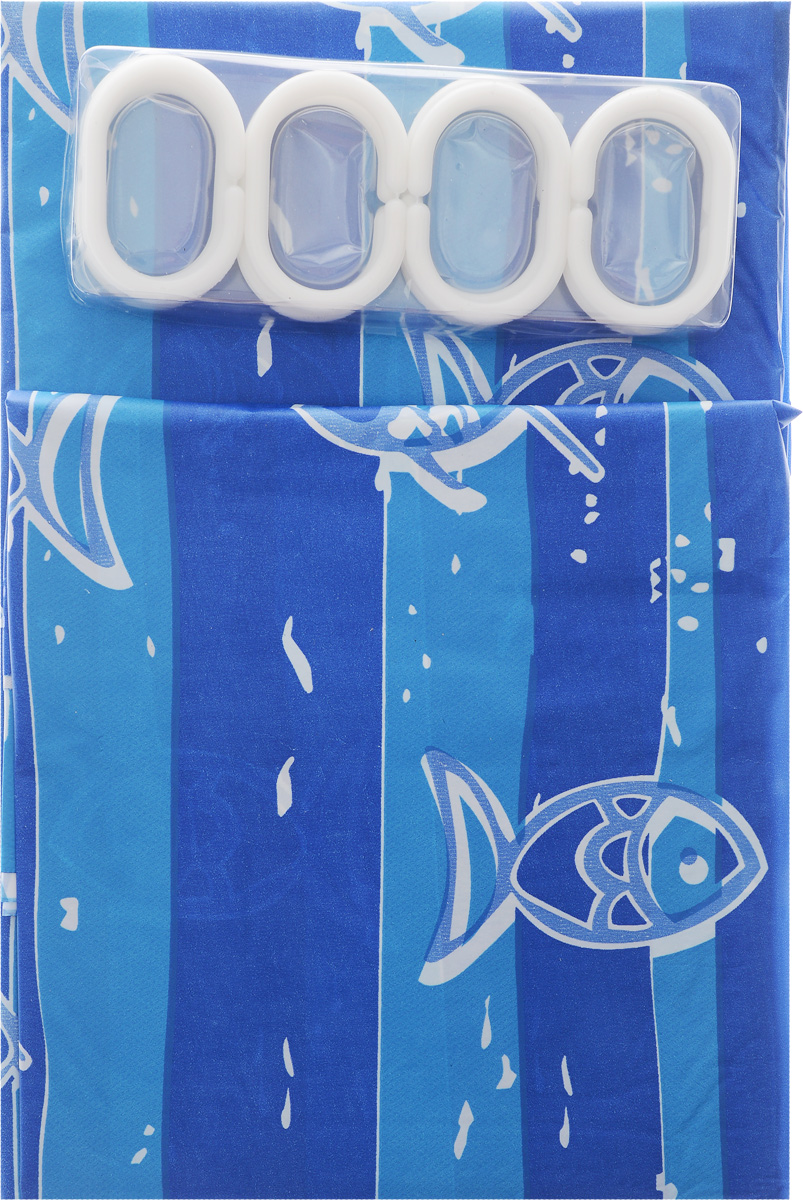 Штора в ванную 180х180см с 12 кольцами голубые рыбки с полоской