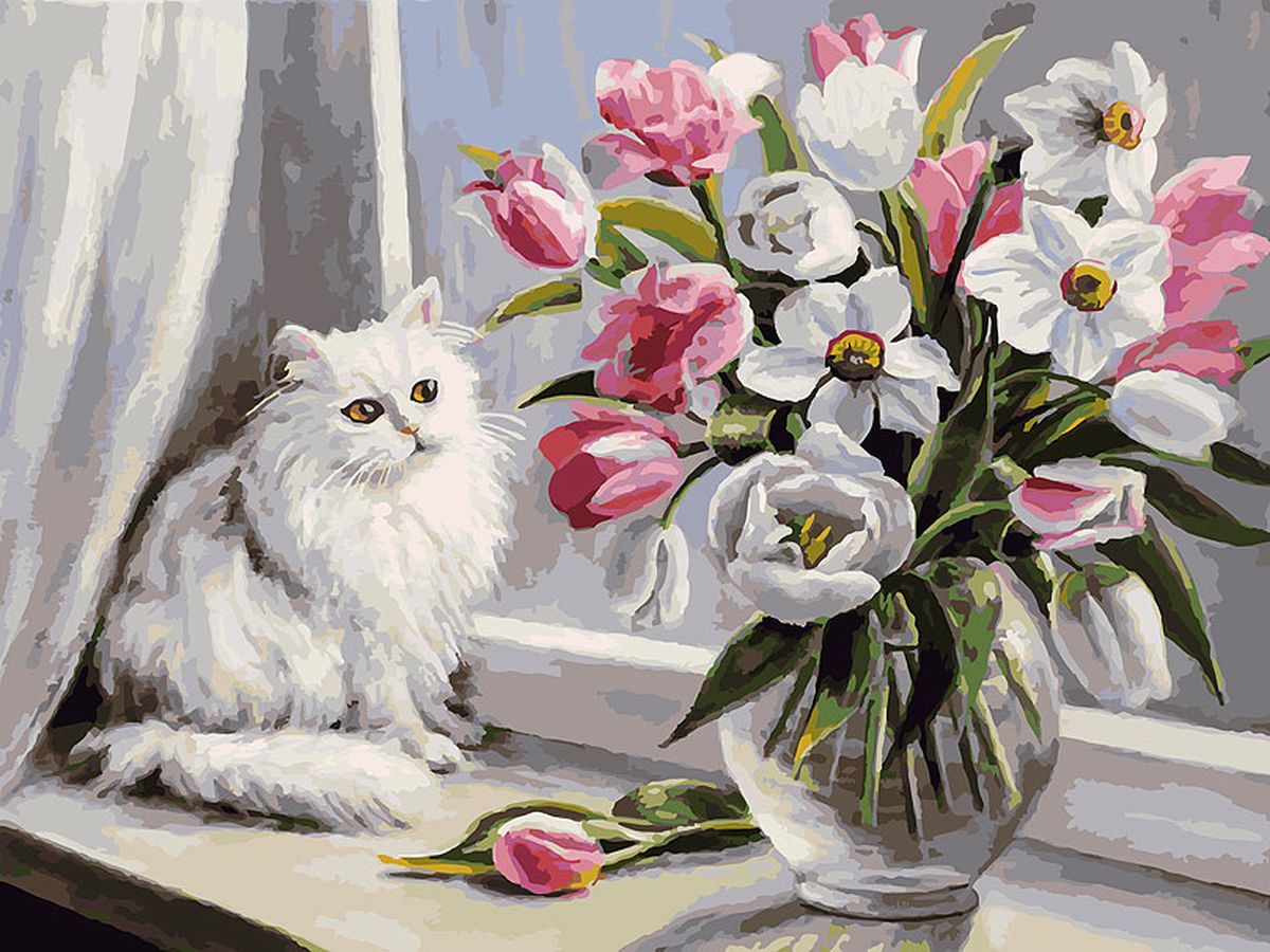 Кошки и цветы живопись