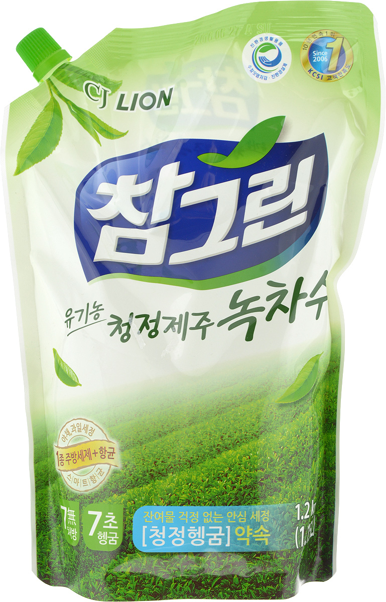фото Средство для мытья посуды, овощей и фруктов Cj Lion "Зеленый чай", сменная упаковка, 1,16 л