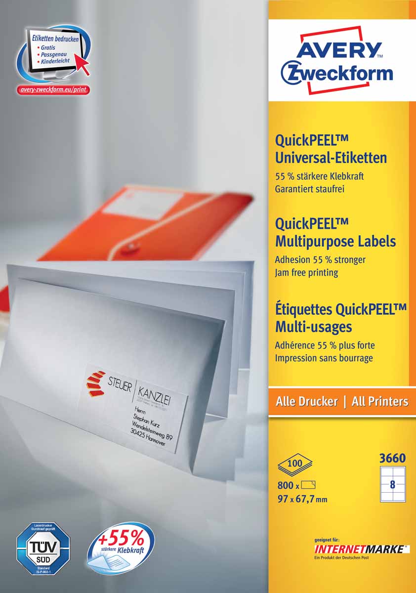 Avery Zweckform Этикетки самоклеящиеся универсальные Quick PEEL 97 х 67,7 мм 800 шт 100 листов Avery Zweckform Этикетки самоклеящиеся универсальные Quick PEEL 97 х 67,7 мм 800 шт 100 листов
