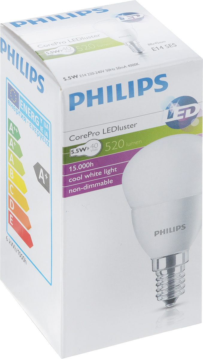 фото Лампа светодиодная Philips "CorePro LEDluster", матовая колба, цоколь E14, 5,5W, 4000K