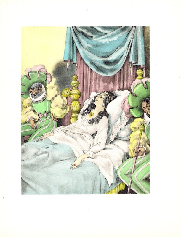 фото Сцена из сказки "Спящая красавица". Литография, пошуар. Франция, Париж, 1946 год Умберто брунеллески