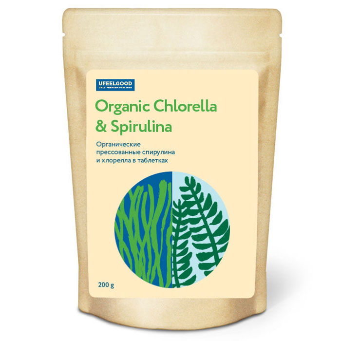 фото UFEELGOOD Organic Chlorella & Spirulina органические пресованные спирулина и хлорелла в таблетках, 200 г