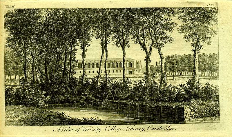 фото Англия. Вид на здание библиотеки Тринити-Колледжа в Кембридже. Резцовая гравюра. Англия, Лондон, 1776 год