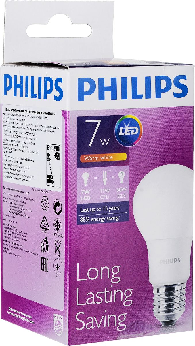 фото Лампа светодиодная Philips "LED bulb", цоколь E27, 7W, 6500K