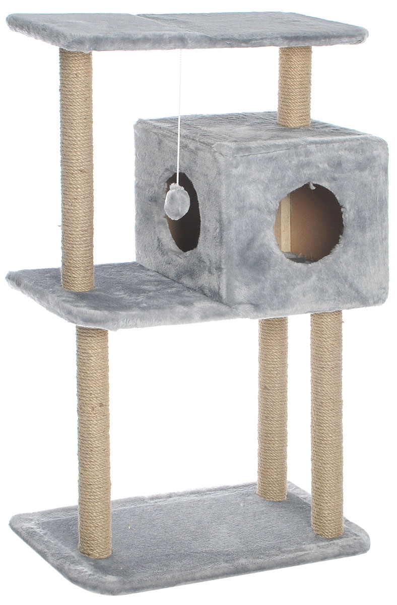 фото Домик-когтеточка "Меридиан", квадратный, трехэтажный, с полкой, цвет: светло-серый, бежевый, 65 х 36 х 105 см