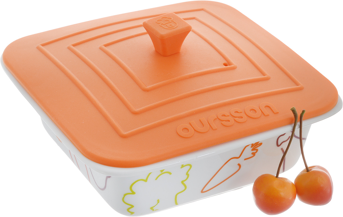 фото Форма для запекания Oursson "Овощи", с силиконовой крышкой, цвет: оранжевый, белый, 18 х 17,5 х 6,5 см
