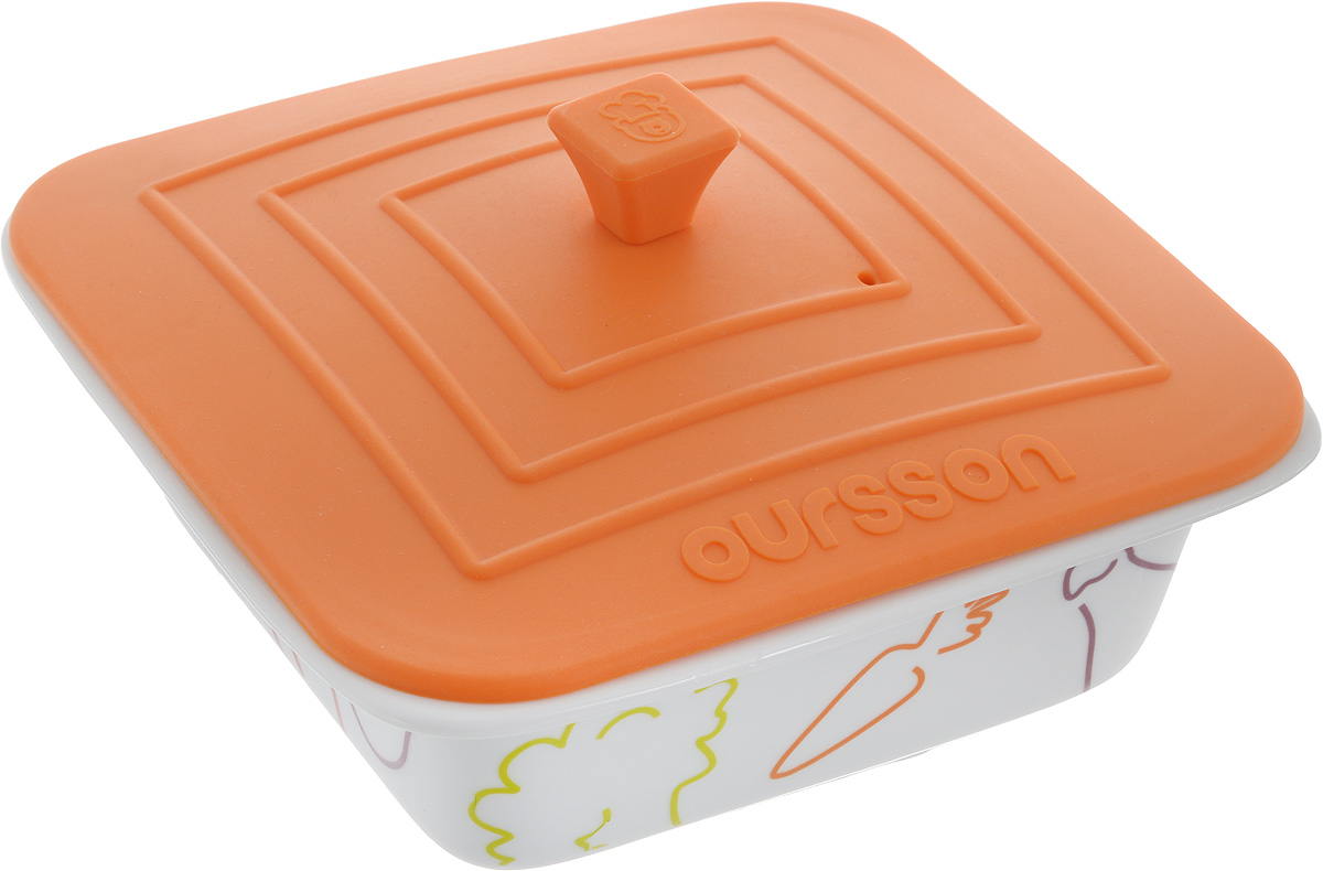 фото Форма для запекания Oursson "Овощи", с силиконовой крышкой, цвет: оранжевый, белый, 18 х 17,5 х 6,5 см
