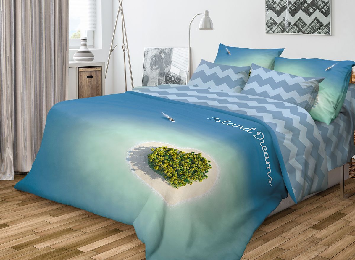 фото Комплект белья Волшебная ночь "Island Dreams", 2-спальный с простыней на резинке, наволочки 70х70, цвет: лазурный. 710609