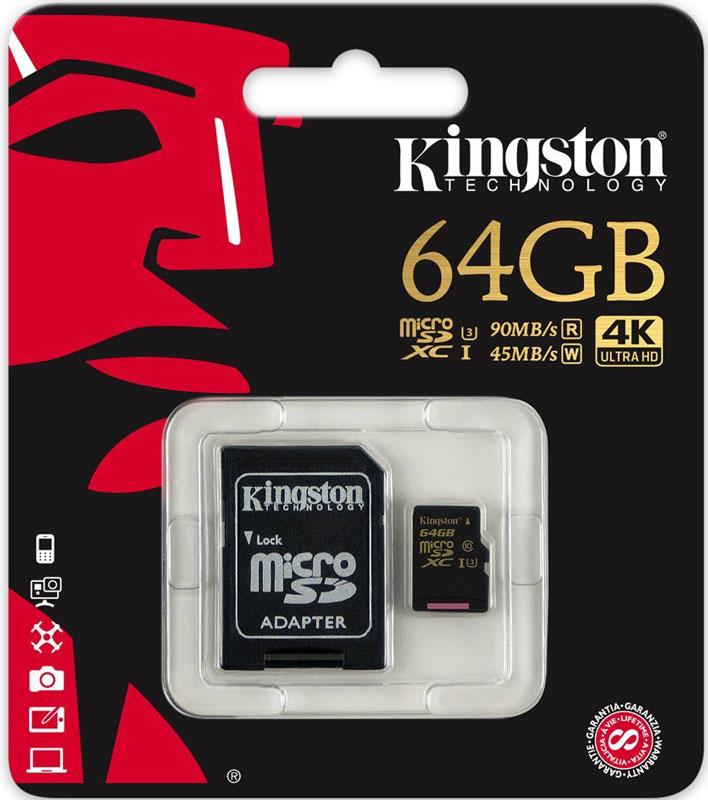 фото Kingston microSDXC Gold UHS-I Speed Class 3 (U3) 64GB карта памяти с адаптером