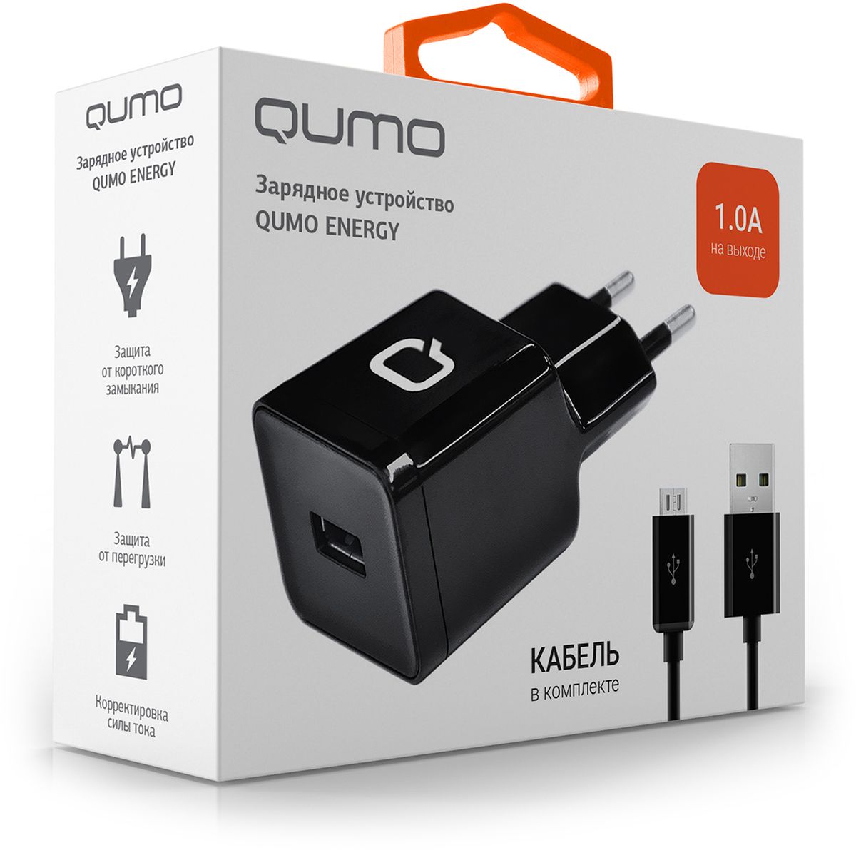 фото Qumo Energy 1 USB 1A micro USB cable сетевое зарядное устройство, Black