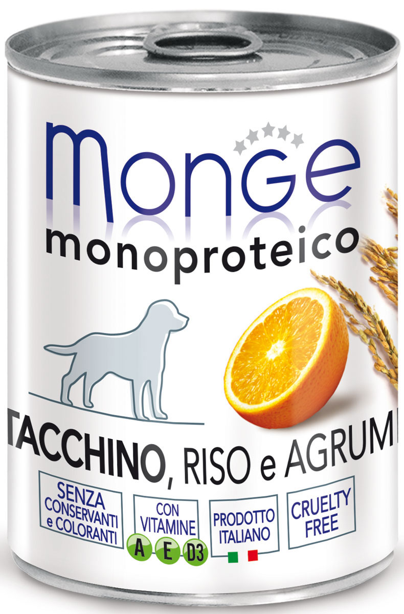 фото Консервы Monge "Dog Monoproteico Fruits", для собак, паштет из индейки с рисом и цитрусовыми, 400 г