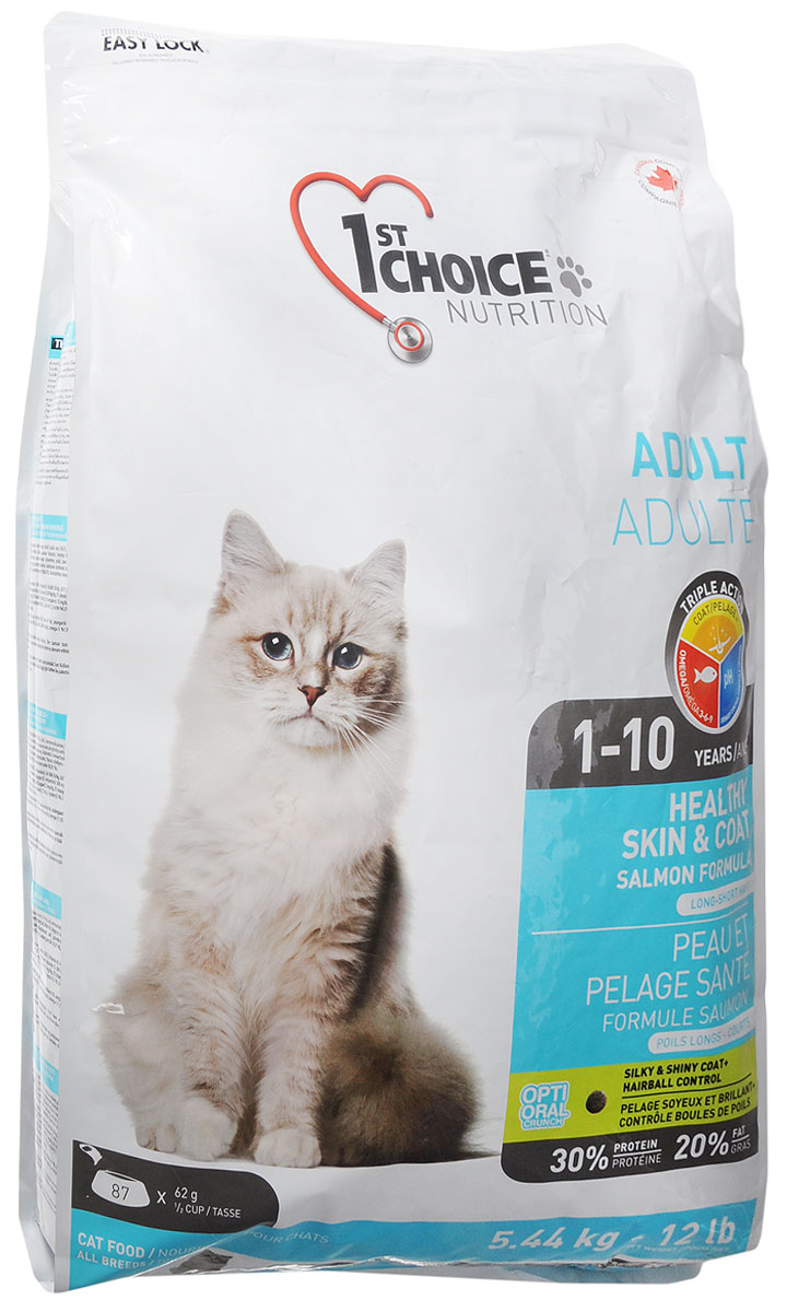 фото Корм сухой 1st Choice "Adult" для здоровья шерсти и кожи взрослых кошек, с лососем, 5,44 кг