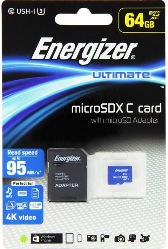 фото Energizer MicroSDXC Class10 UHS-I U3 Ultimate 64GB карта памяти с адаптером