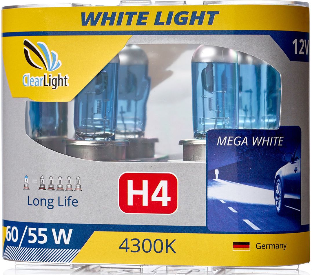 фото Лампа автомобильная галогенная Clearlight "WhiteLight", цоколь Н4, 12V, 60/55W, 2 шт