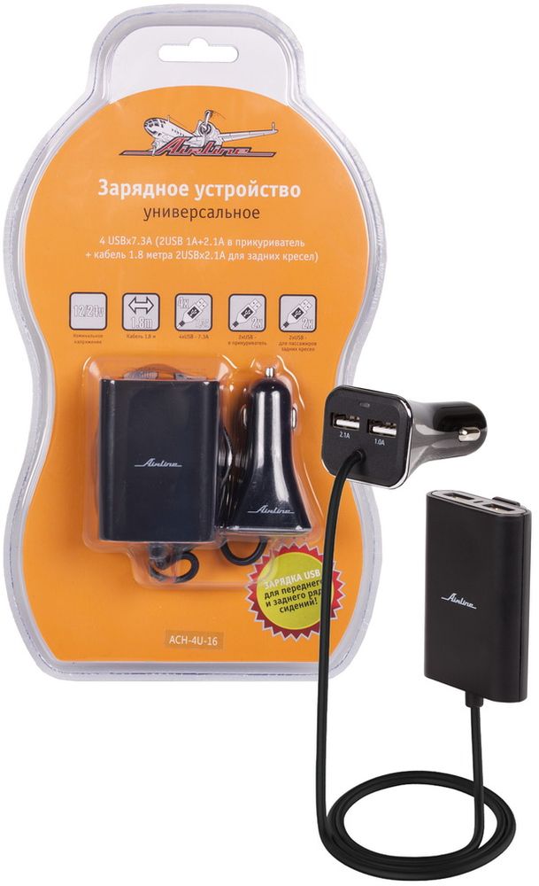 Зарядное устройство Airline, универсальное, 4 USB x 7,3A. ACH-4U-16