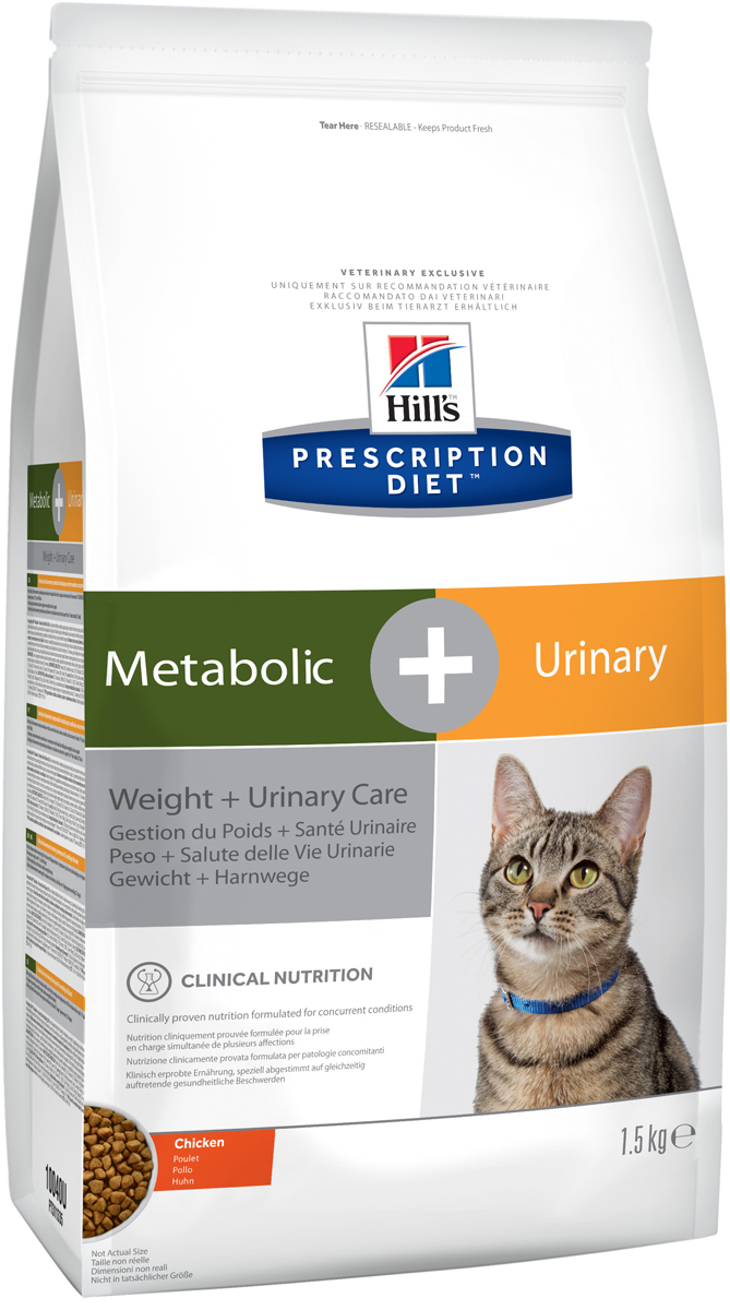 фото Корм сухой диетический Hill's Prescription Diet Metabolic + Urinary Weight + Urinary Care для кошек при лечении и профилактике цистита, вызванного стрессом и способствует снижению и контролю веса, с курицей, 1,5 кг