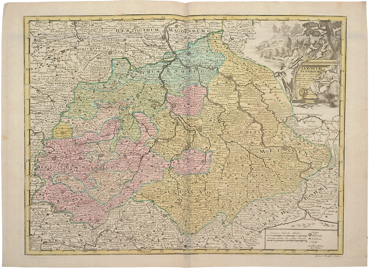 фото Георграфическая карта Саксонии (Saxonia). Раскрашенная гравюра. Западная Европа, 1680 - 1690 гг