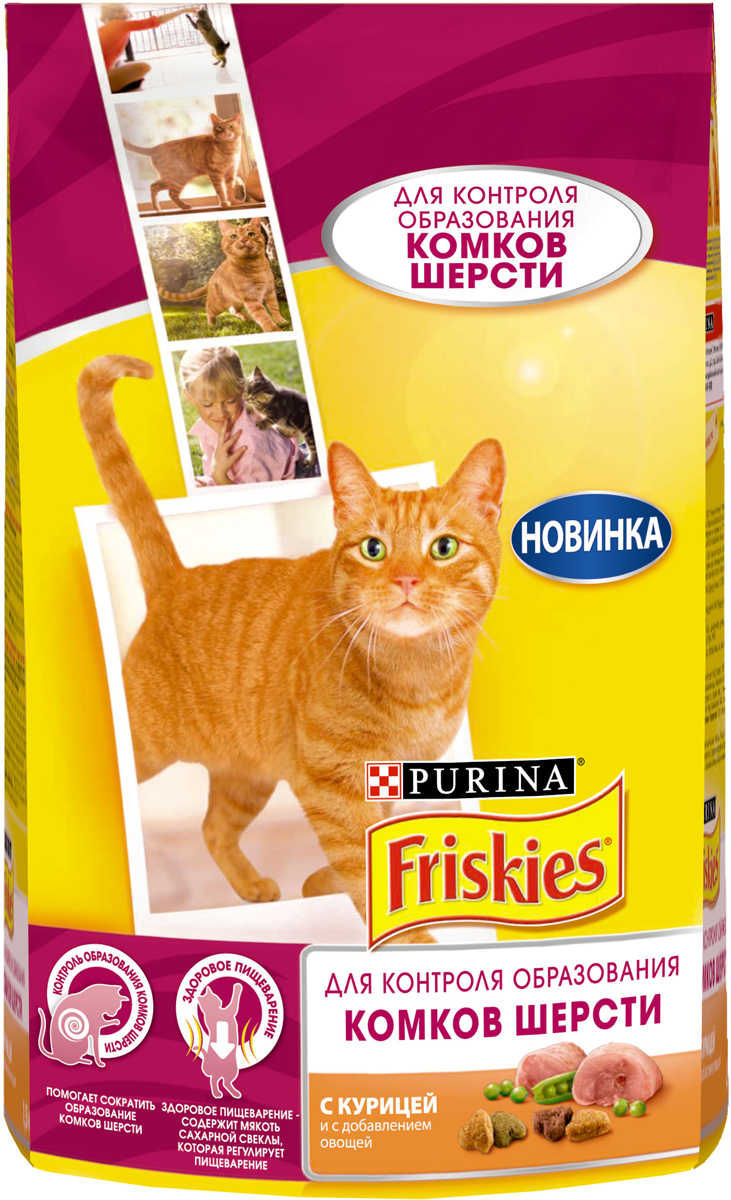 фото Корм сухой "Friskies" для взрослых кошек, для контроля образования комков шерсти, с курицей и с добавлением овощей, 1,5 кг