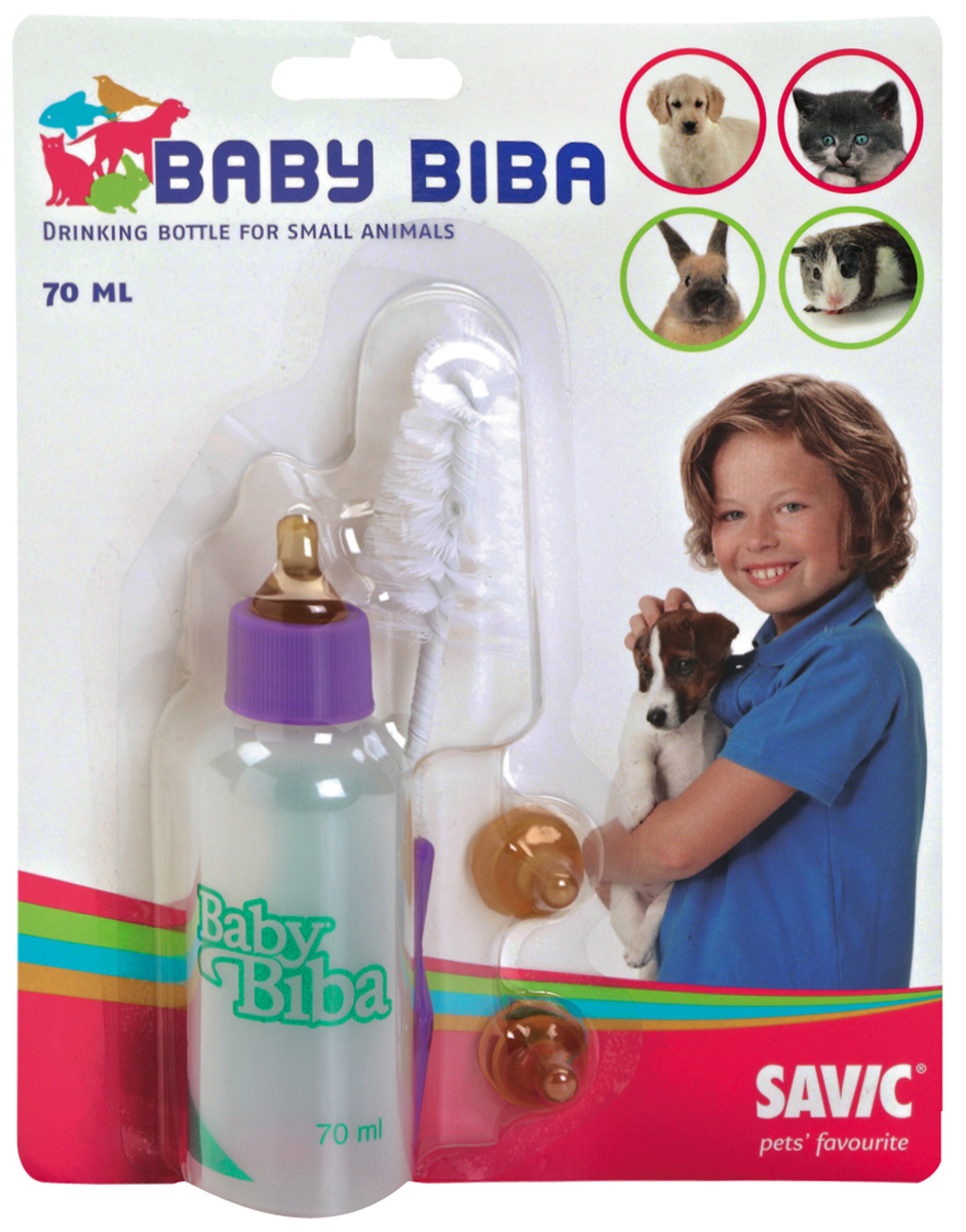 фото Бутылочка для кормления животных Savic "Baby Biba", с 3 сосками и ершиком, 70 мл