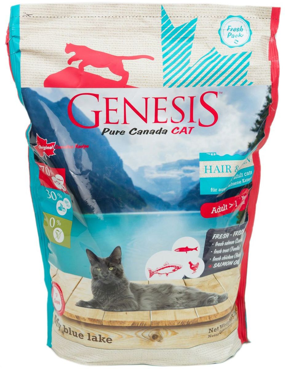 фото Корм сухой Genesis "Pure Canada My Blue Lake Hair Skin" для взрослых кошек, для улучшения кожи и шерсти, с лососем, форелью и курицей, 2,27 кг