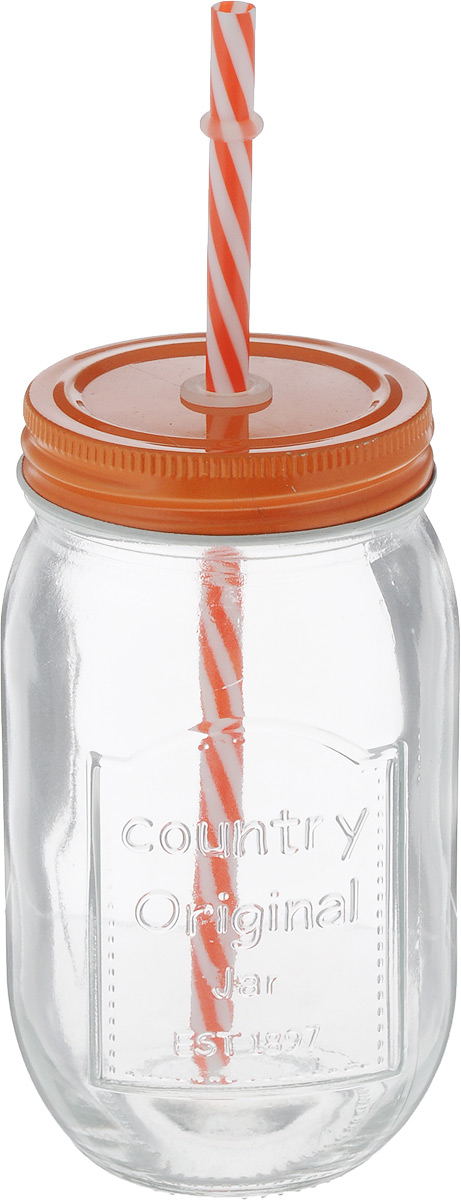 фото Емкость для напитков "Zeller", с трубочкой, цвет: оранжевый, прозрачный, 480 мл