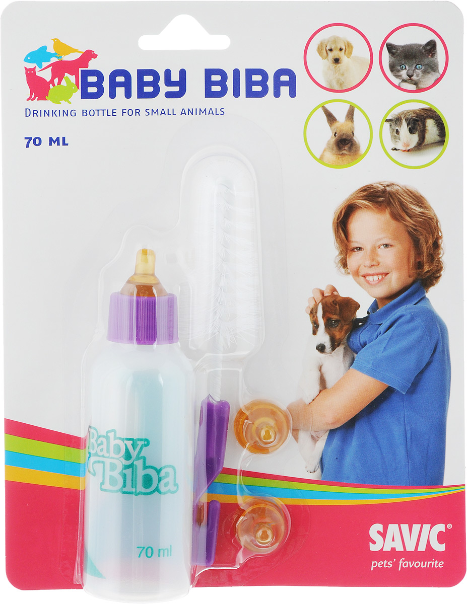 фото Бутылочка для кормления животных Savic "Baby Biba", с 3 сосками и ершиком, 70 мл