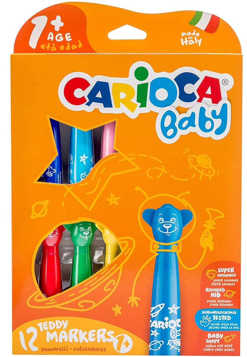 Набор фломастеров CARIOCA BABY суперсмываемых для детей от 1 года, 12 цветов, фигурный колпачок