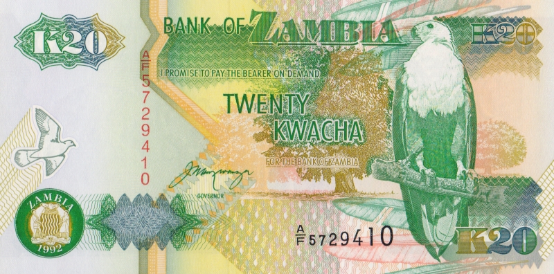 Банкнота номиналом 20 квача. Замбия, 1992 год