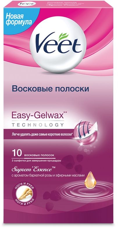Veet Восковые полоски с ароматом бархатной розы и эфирными маслами Easy Gel-Wax, 10 шт
