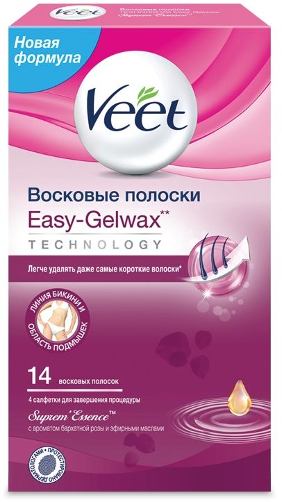 фото Veet Восковые полоски для чувствительных участков тела (бикини) с ароматом бархатной розы и эфирными маслами Easy Gel-Wax, 14 шт