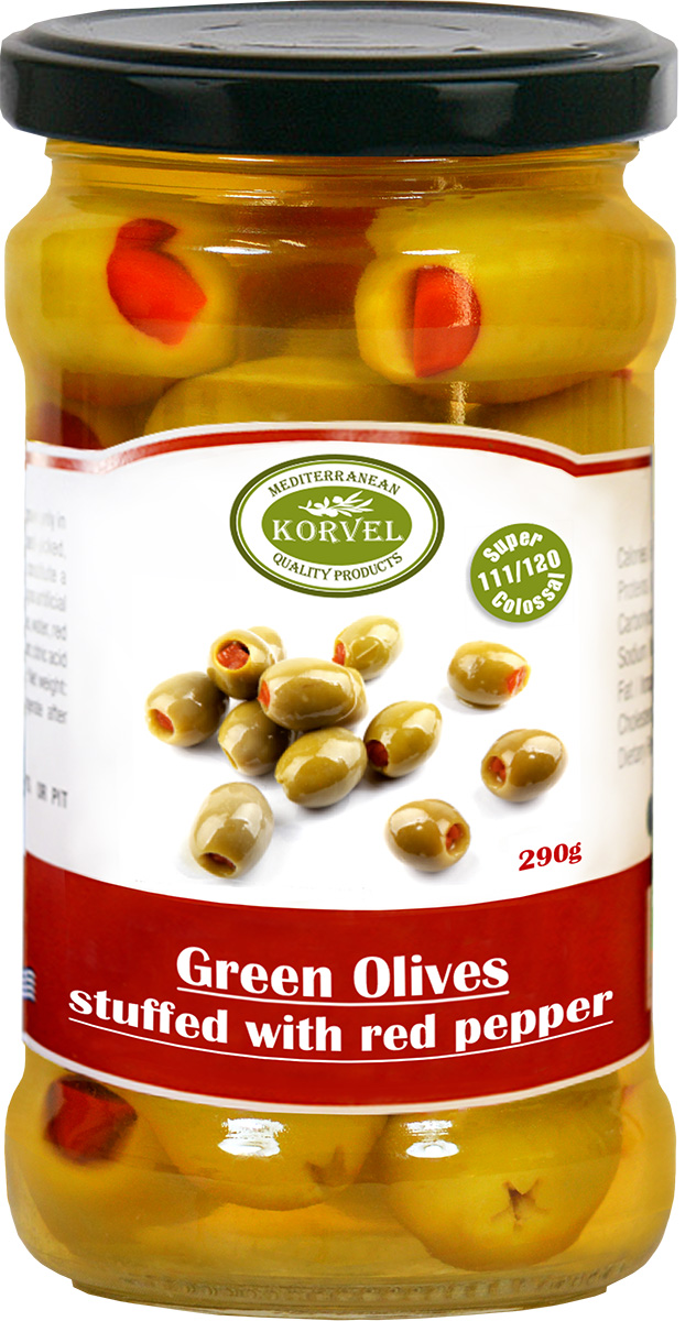 Korvel натуральные зеленые оливки фаршированные красным перцем супер колоссал, 290 г