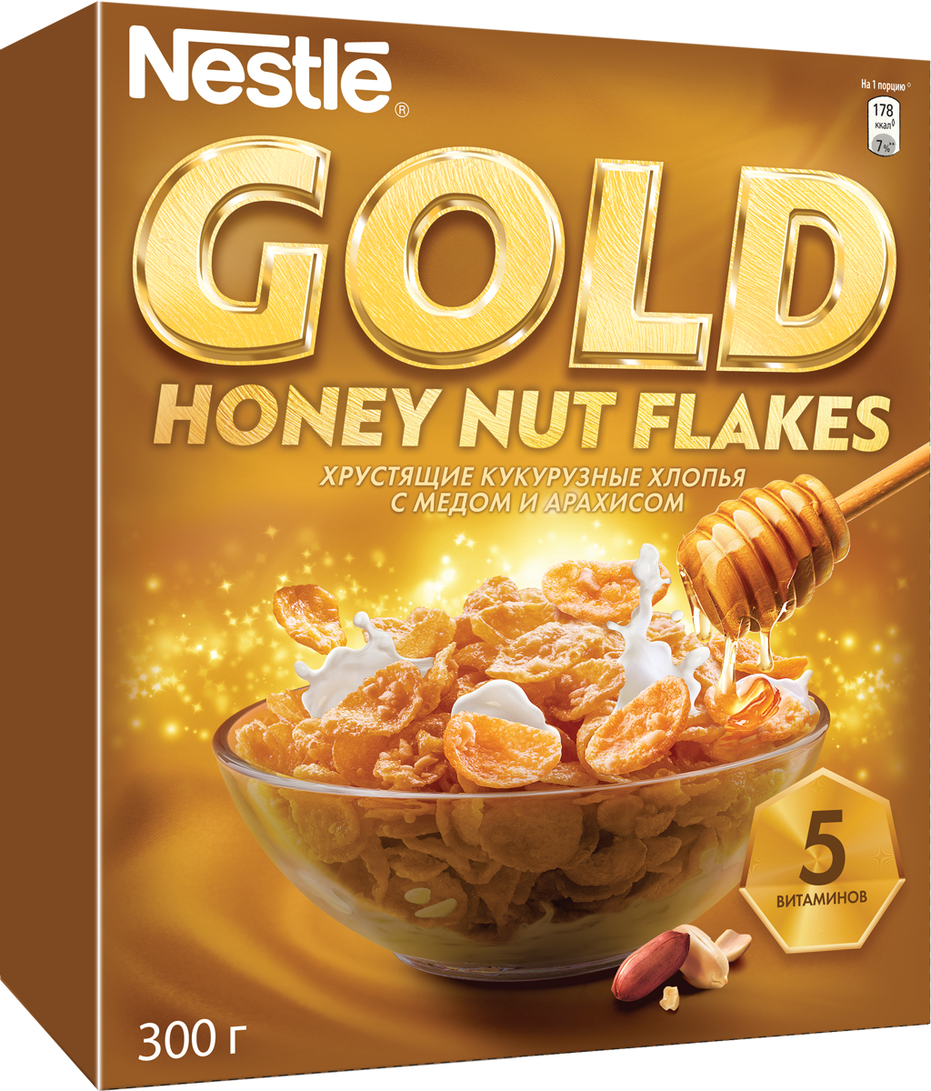 Хлопья Nestle Gold Flakes кукурузные с медом и арахисом 300 г — купить ...