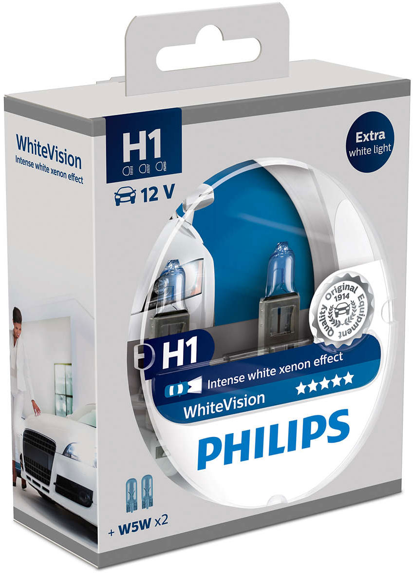 фото Лампа автомобильная галогенная Philips "WhiteVision", для фар, цоколь H1 (P14.5s), 12V, 55W, 2 шт + цоколь W5W, 12V, 5W, 2 шт