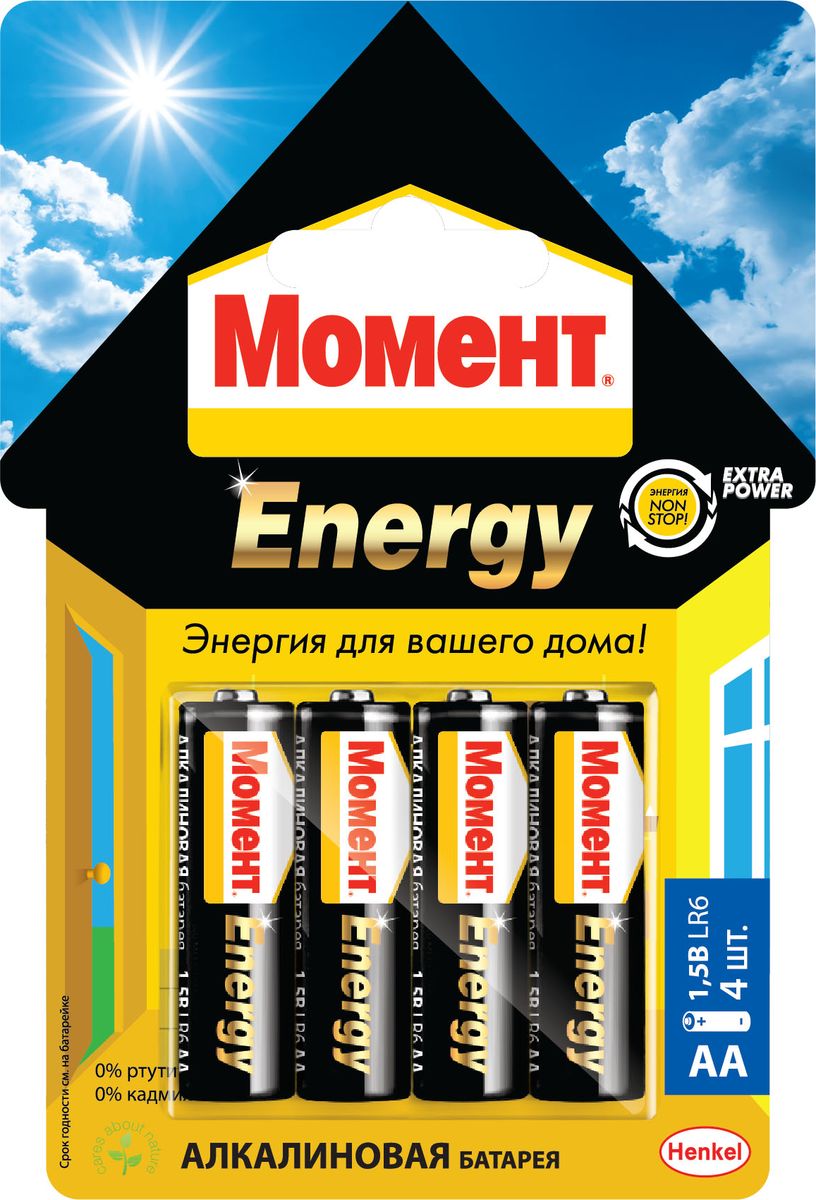 фото Батарейка алкалиновая "Момент Energy", тип AA, 4 шт