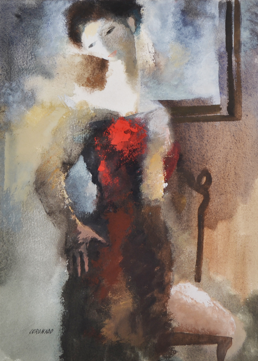 фото Женщина с красным цветком. Художник Мануэль Коронадо. Гуашь. Испания, 1980 гг