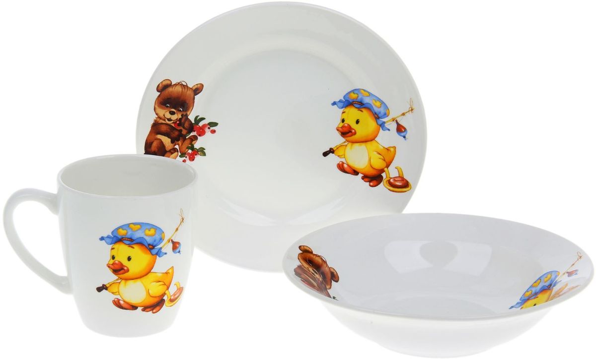 фото Кубаньфарфор Набор посуды для кормления Утенок, медвежонок 3 предмета