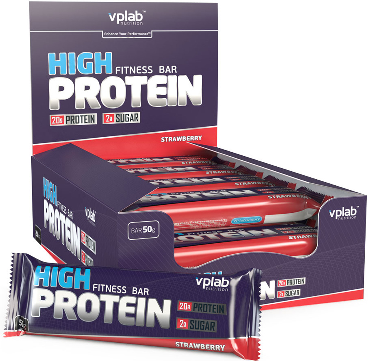 фото Батончик протеиновый Vplab "High Protein Fitness Bar", клубника, 50 г Vplab nutrition