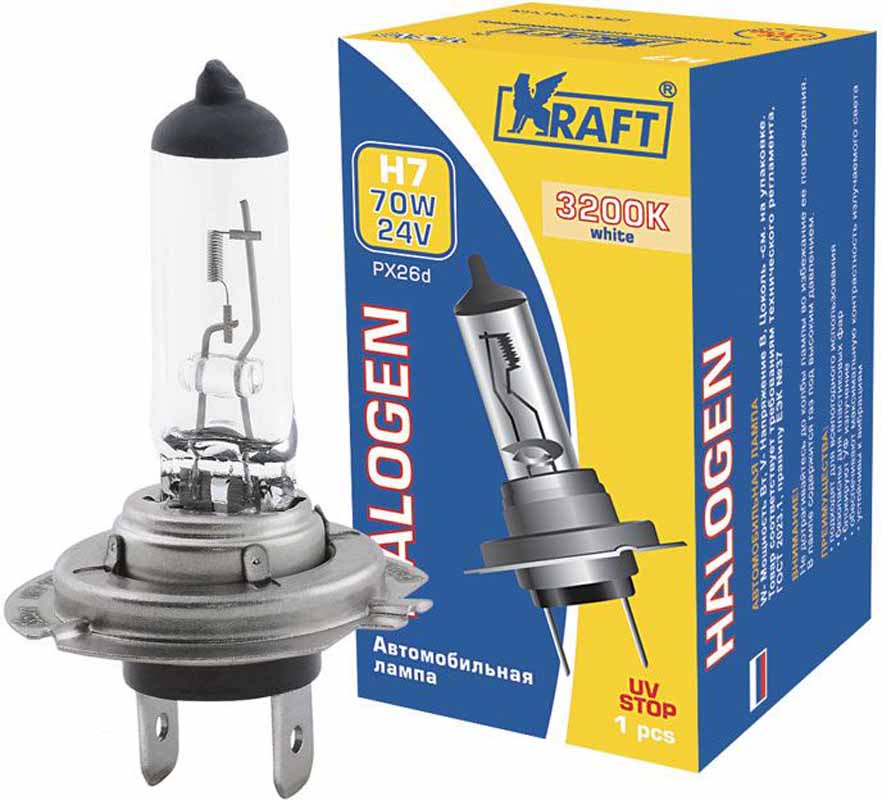 Лампа автомобильная галогенная Kraft Basic, H7, 24V, 70W (PX26d)