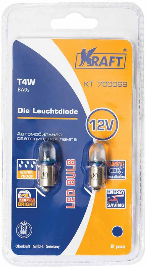 фото Лампа автомобильная светодиодная Kraft "Basic", T4W (BA9s), 12V, Blue, 2 шт